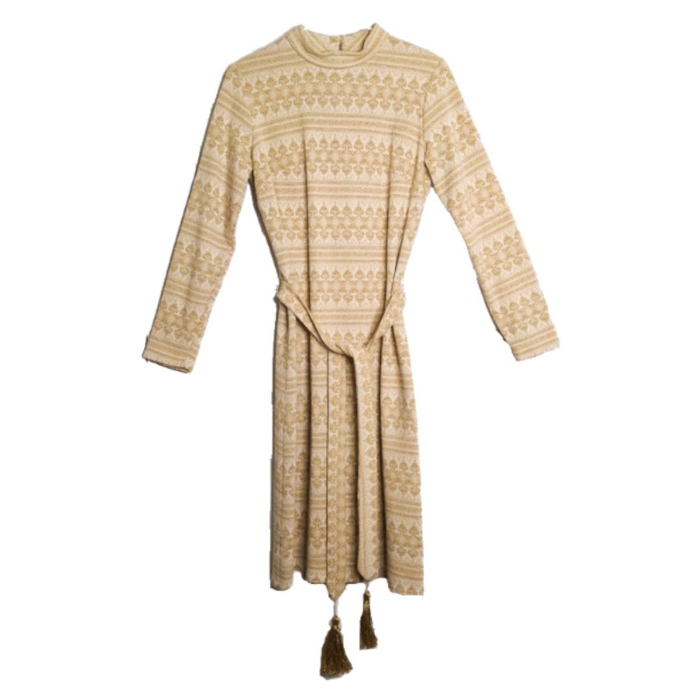 Vintage 60s Toni Todd Tassel Sash Metallic Dress